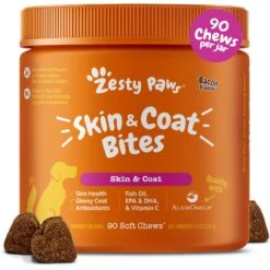 Zesty Paws Skin & Coat Bites Bacon Flavored Soft Chews Omega Fish Oil Supplement For Dogs