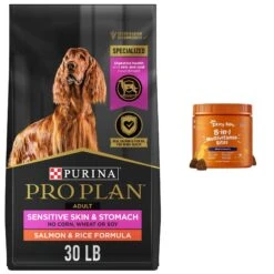 Zesty Paws 8-in-1 Bites Peanut Butter Flavored Soft Chews Multivitamin For Dogs & Purina Pro Plan Adult Sensitive Skin & Stomach Salmon & Rice Formula Dry Dog Food