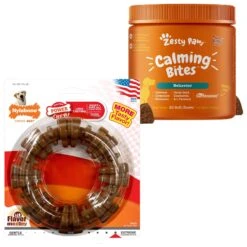Zesty Paws Hemp Calming Bites Peanut Butter Flavored Soft Chews Composure & Relaxation Supplement For Dogs & Nylabone Power Chew Textured Dog Chew Ring Toy Flavor Medley